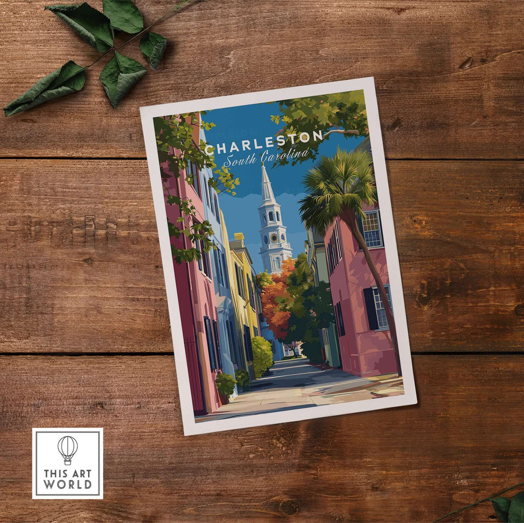 Charleston St. Philip's Steeple View Print | South Carolina Home Decor artwork featuring colorful historic buildings and skyline.