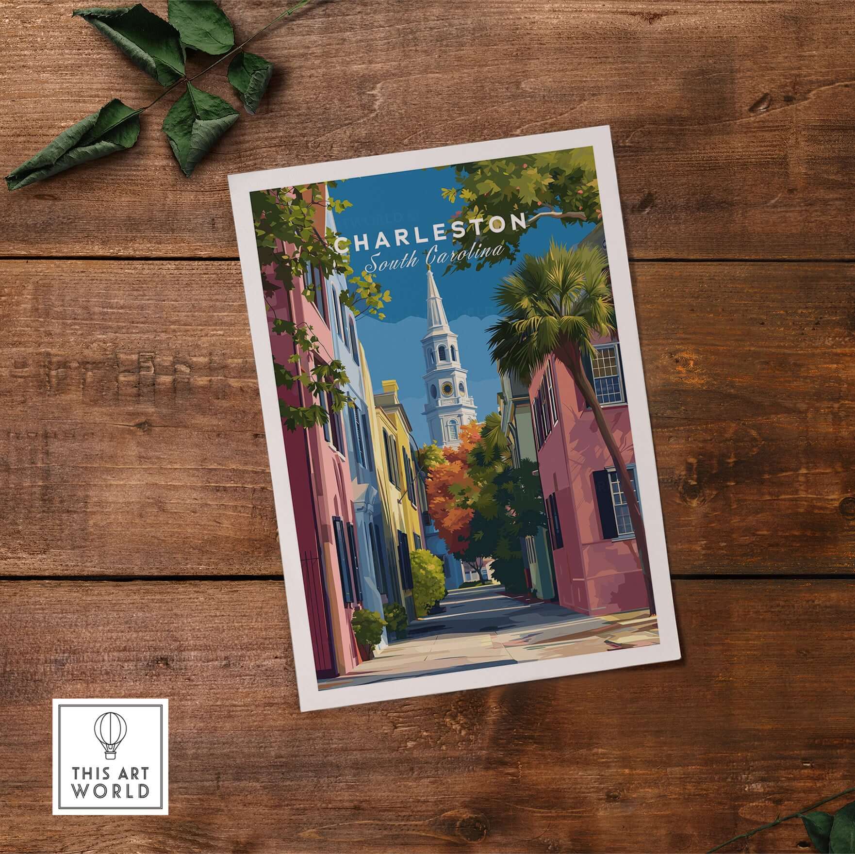 Charleston St. Philip's Steeple View Print | South Carolina Home Decor displayed on rustic wooden background.
