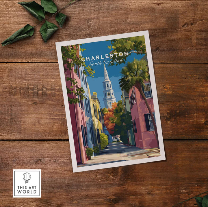 Charleston St. Philip's Steeple View Print | South Carolina Home Decor artwork featuring colorful historic buildings and skyline.