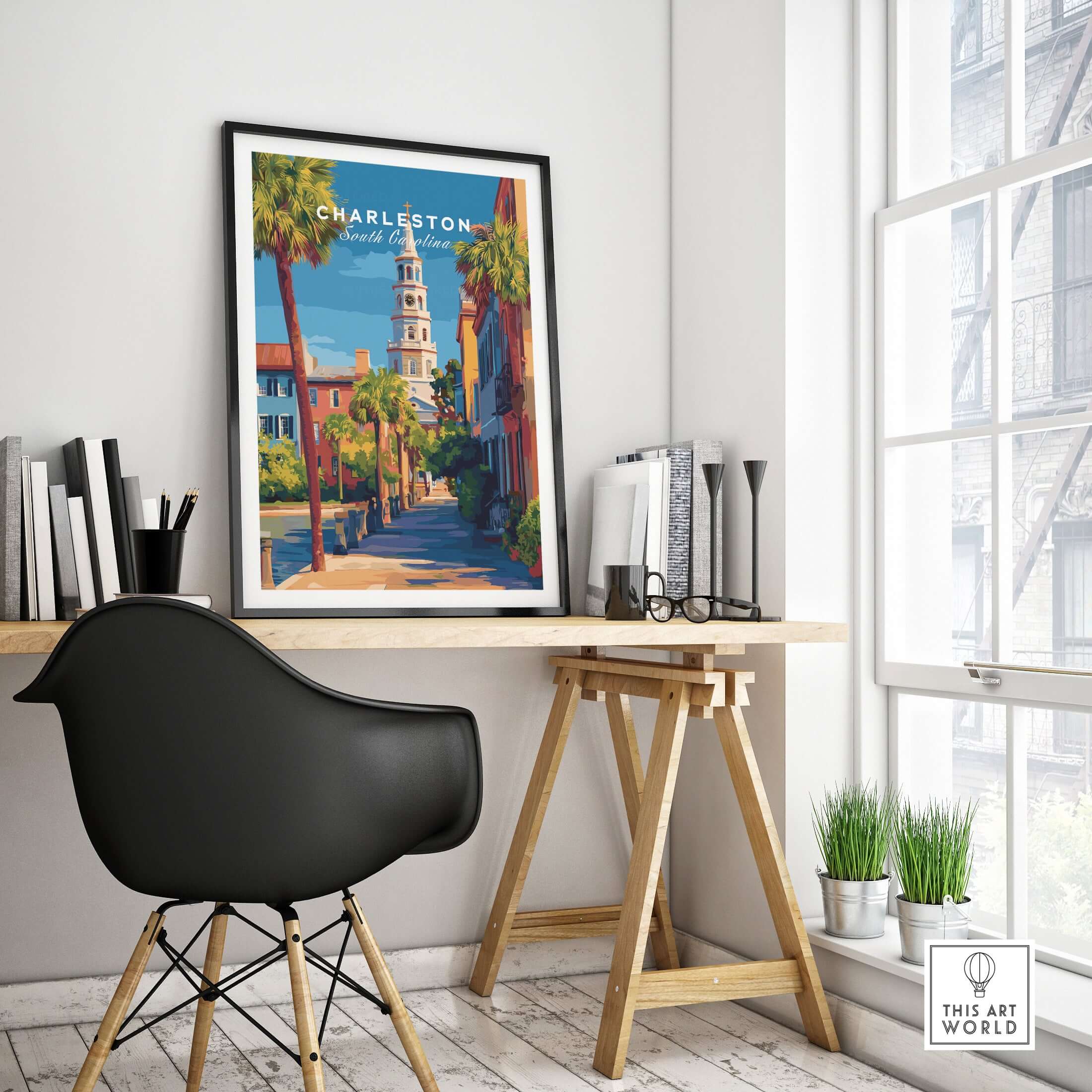 Charleston St. Michael's Church View Print | South Carolina Wall Art displayed in a modern home office setting.
