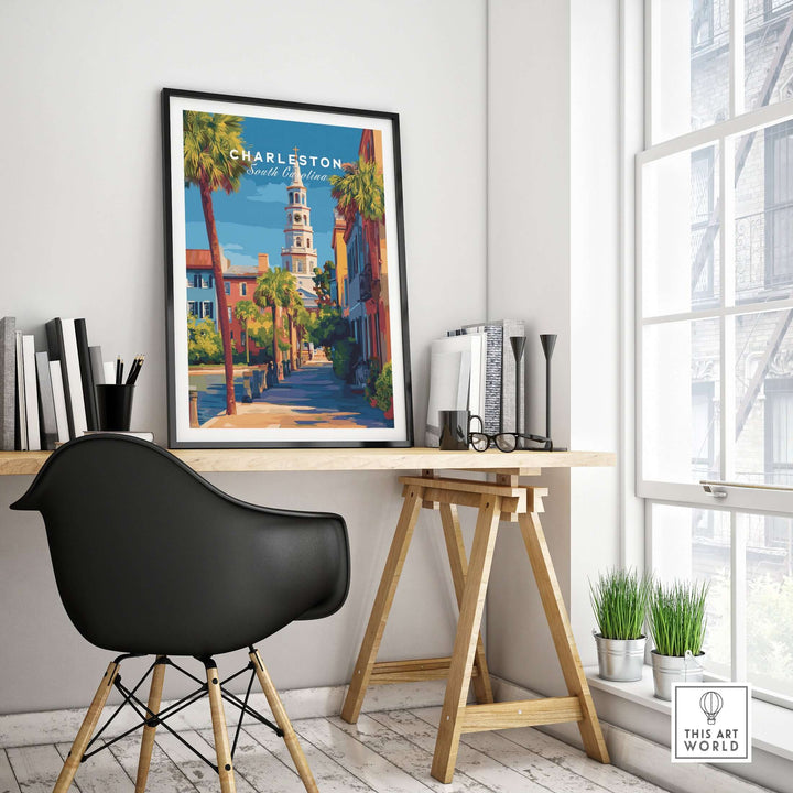 Charleston St. Michael's Church View Print | South Carolina Wall Art displayed in a modern home office setting.