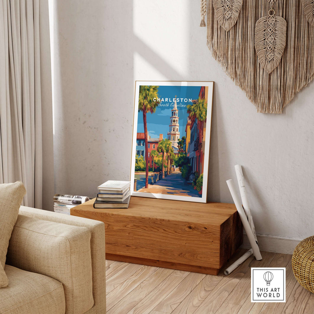 Charleston St. Michael's Church View Print | South Carolina Wall Art displayed in a stylish living room setting.
