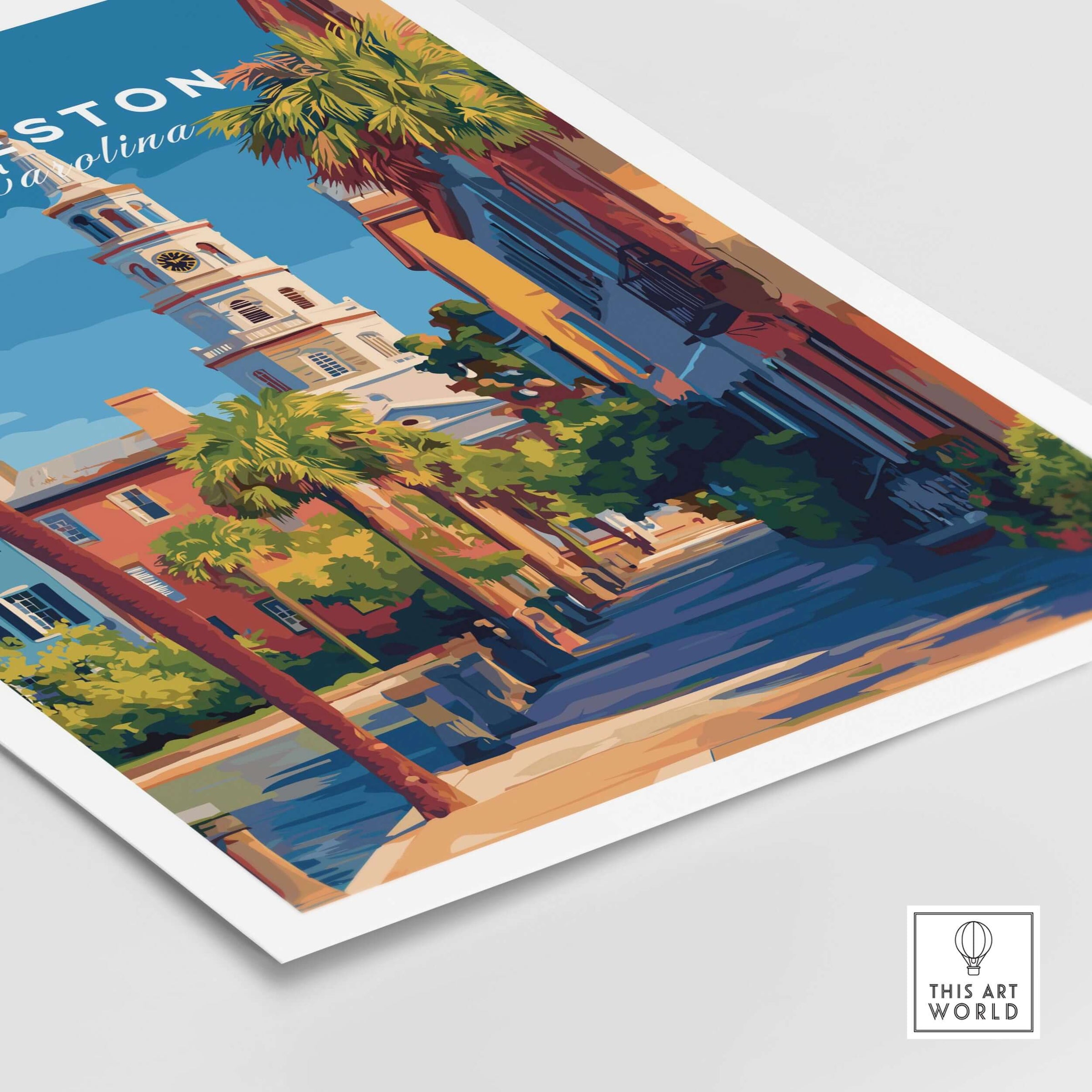 Charleston St. Michael's Church View Print | South Carolina Wall Art showcasing vibrant street scene and iconic architecture.
