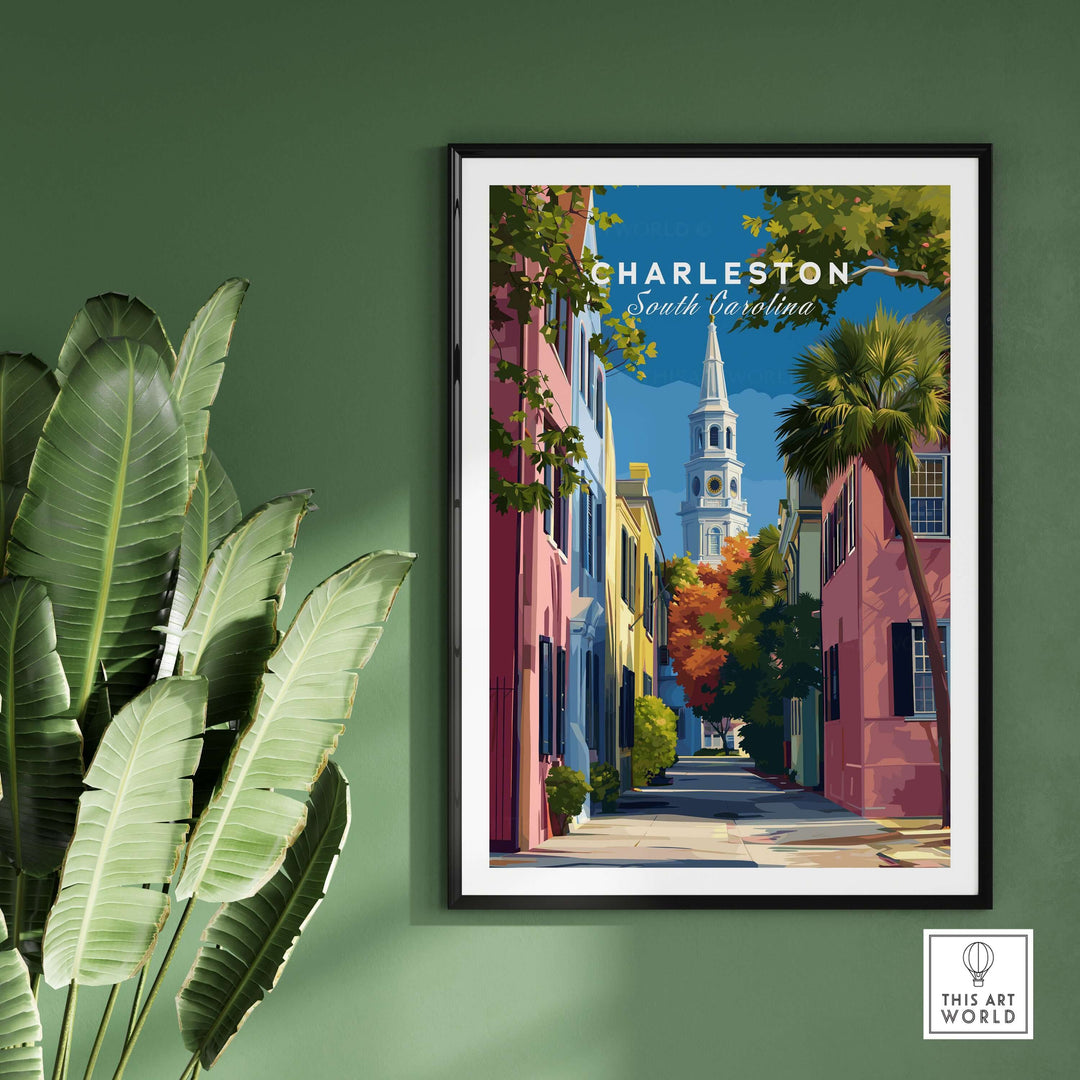 Charleston St. Philip's Steeple View Print | South Carolina Home Decor framed artwork displayed on green wall.