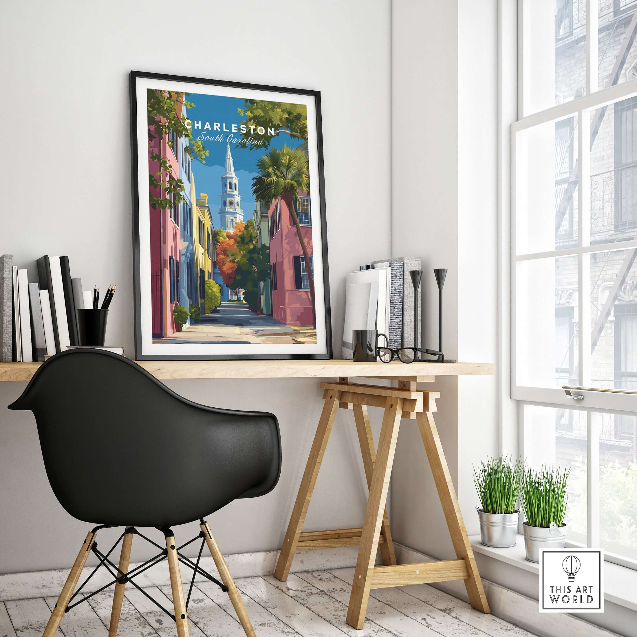Charleston St. Philip's Steeple View Print | South Carolina Home Decor displayed in a stylish office setting.