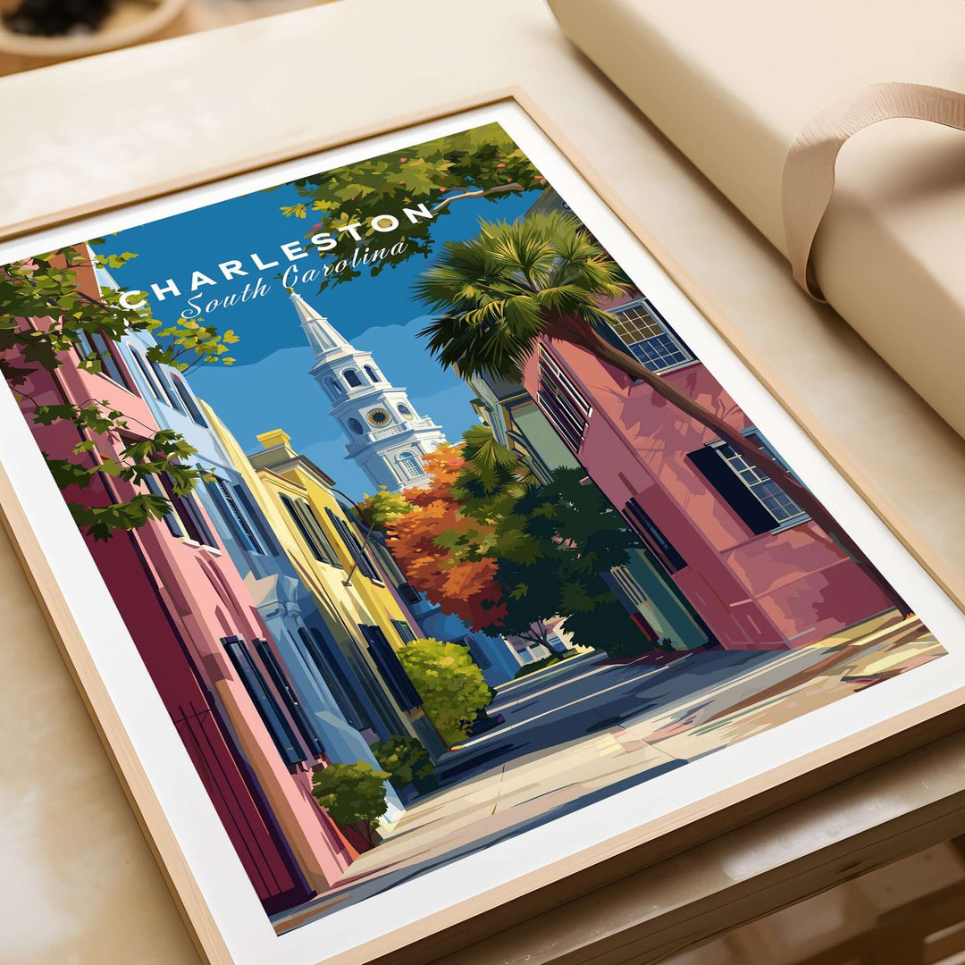 Charleston St. Philip's Steeple View Print | South Carolina Home Decor displayed in a stylish frame on a table.