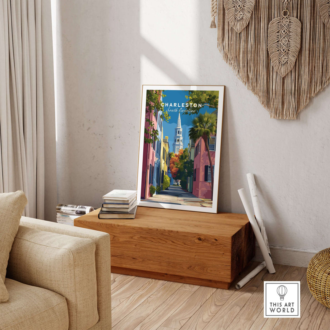 Charleston St. Philip's Steeple View Print | South Carolina Home Decor displayed in a stylish living room setting.