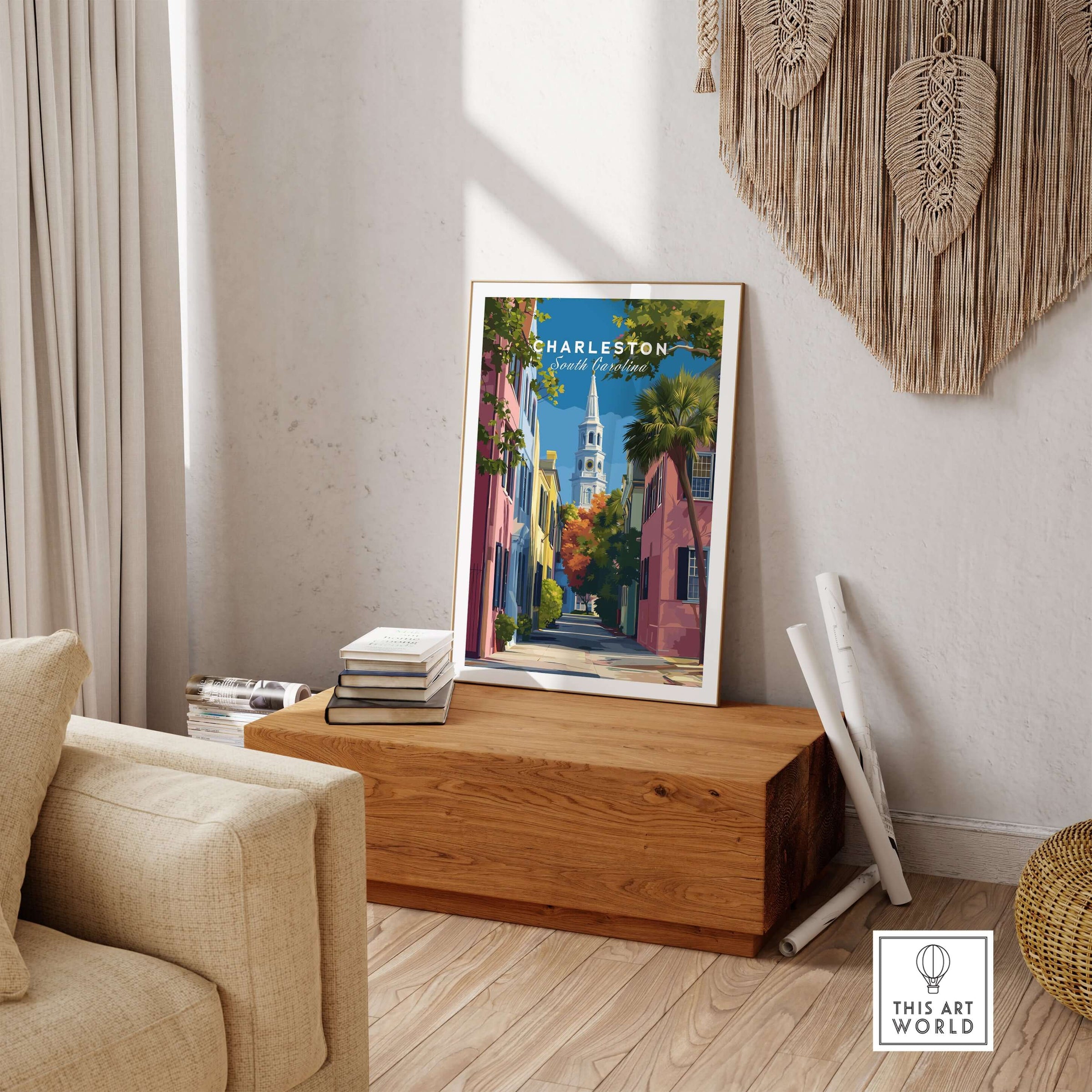 Charleston St. Philip's Steeple View Print | South Carolina Home Decor displayed in a stylish living room setting.