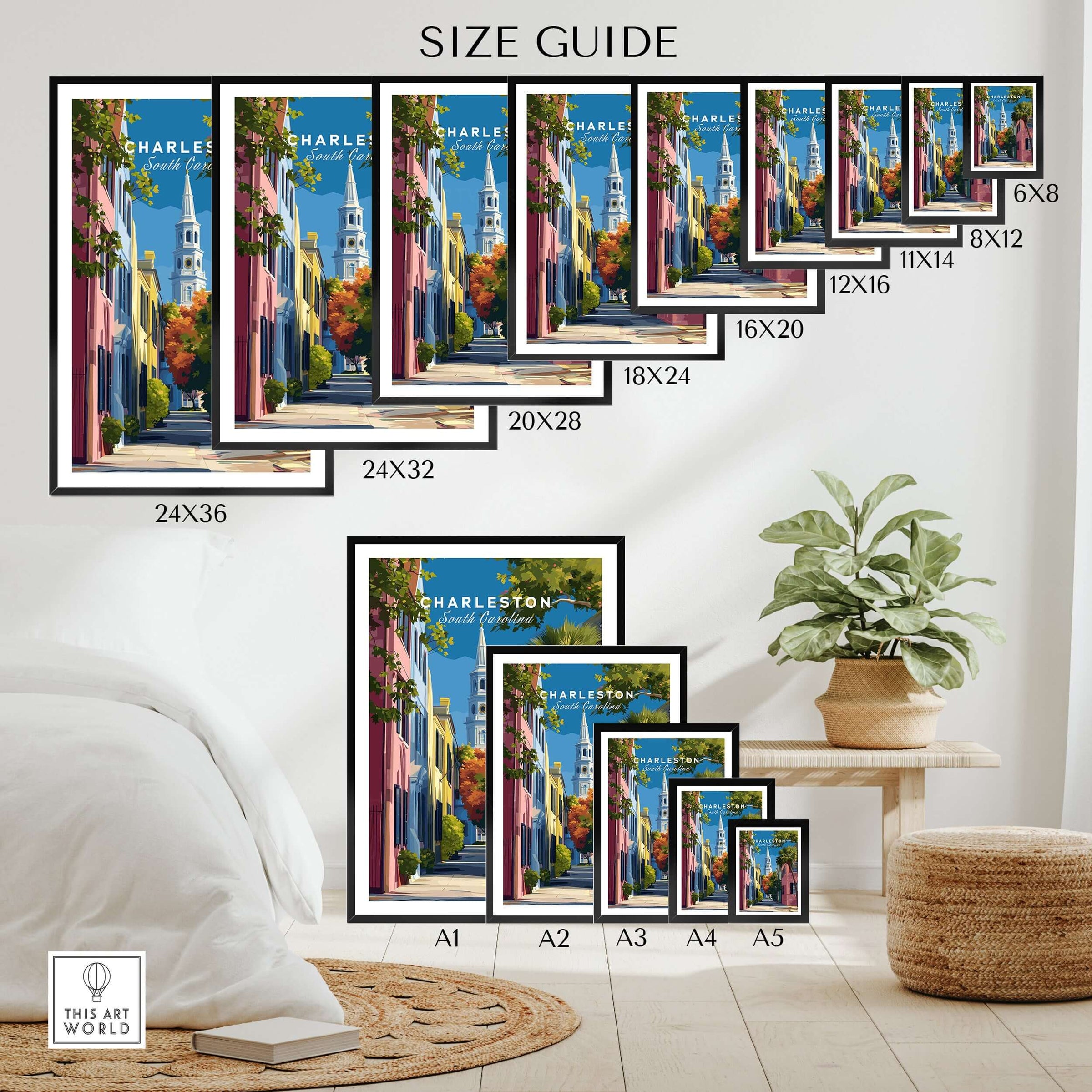 Size guide for Charleston St. Philip's Steeple View Print | South Carolina Home Decor with various frame sizes displayed.