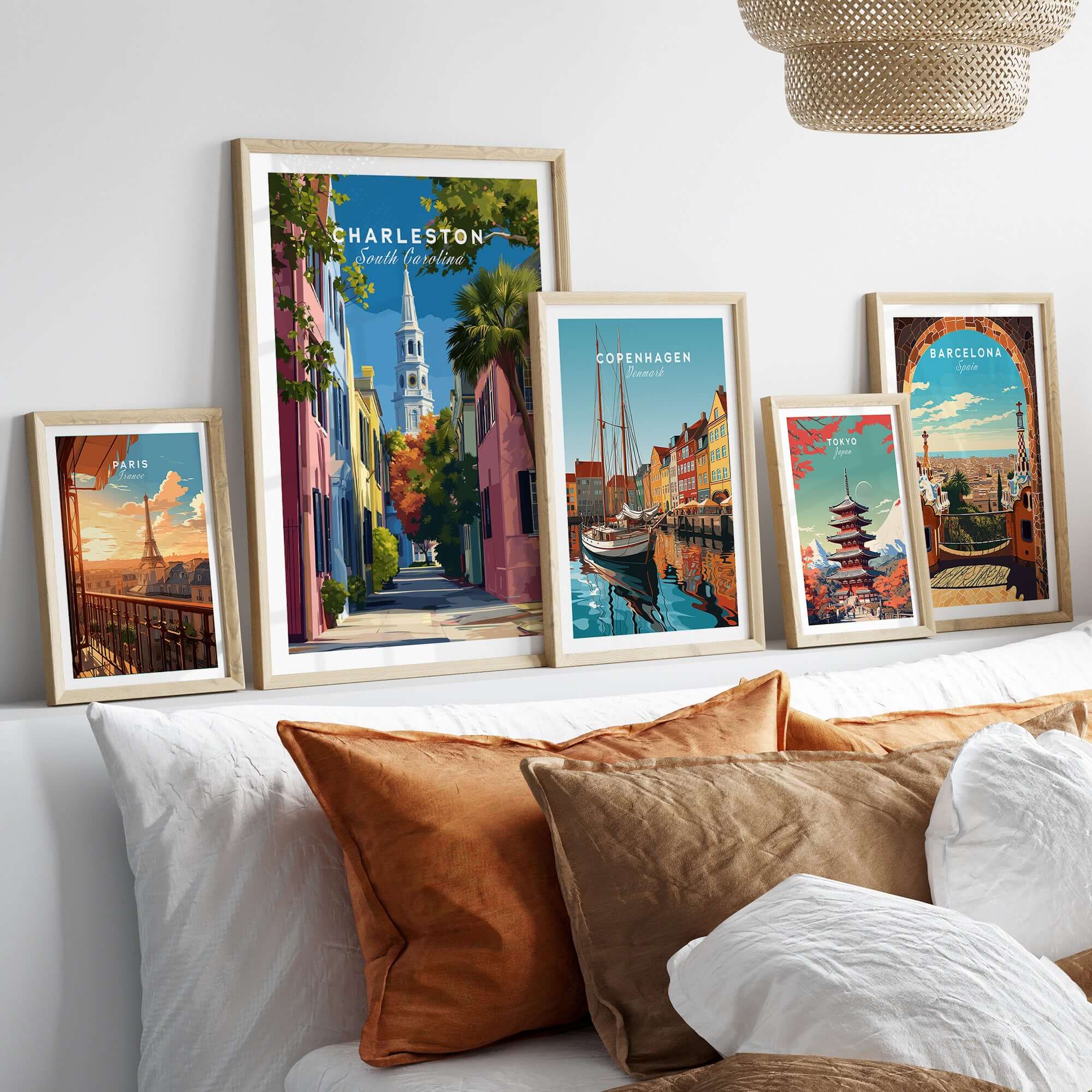 Charleston St. Philip's Steeple View Print | South Carolina Home Decor displayed among other travel-themed prints.