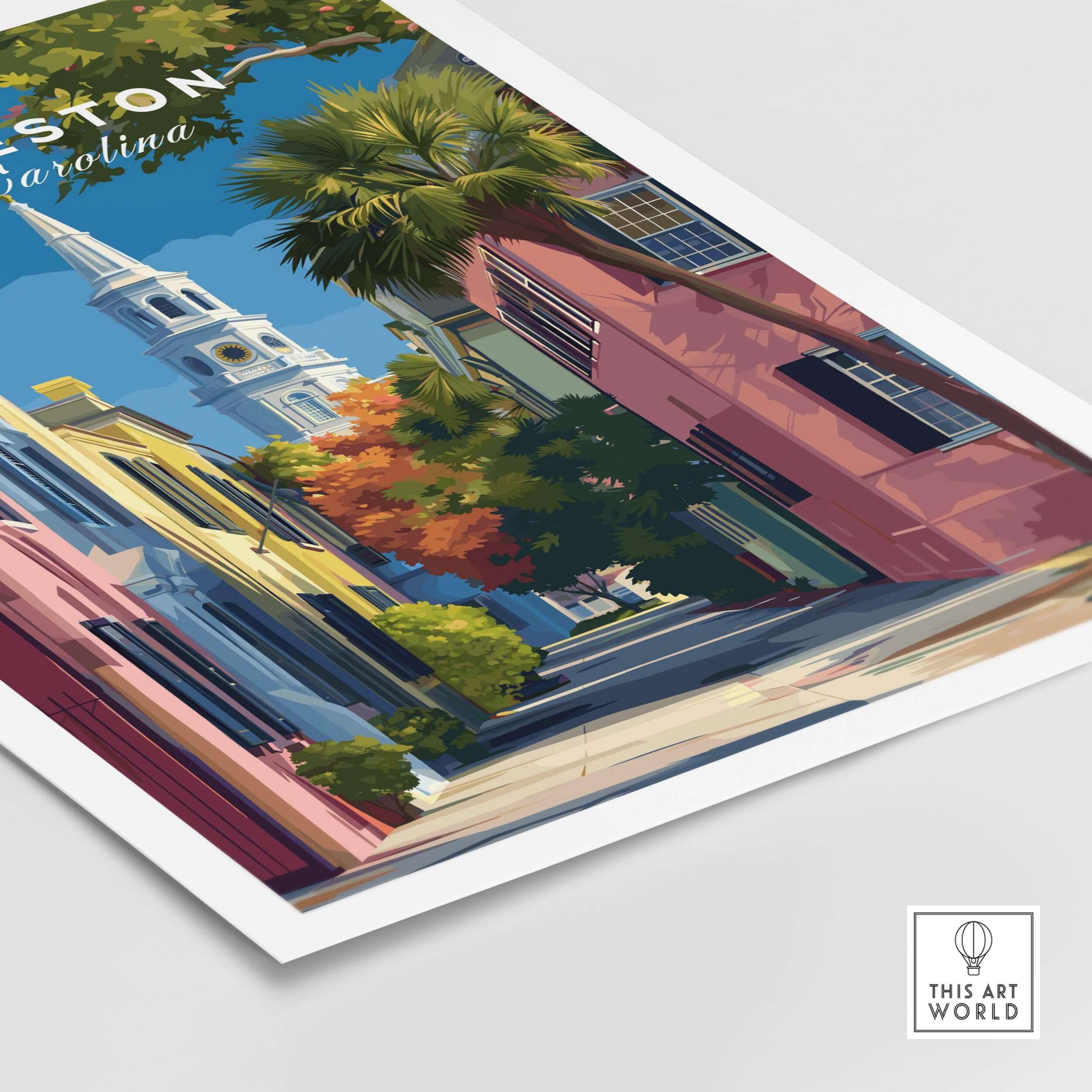 Charleston St. Philip's Steeple View Print | South Carolina Home Decor showcasing the iconic steeple in a vibrant street scene.