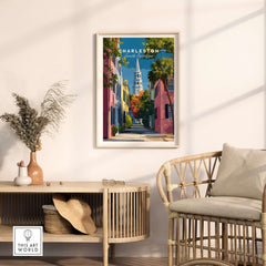 Charleston St. Philip's Steeple View Print | South Carolina Home Decor in a stylish living room setting.