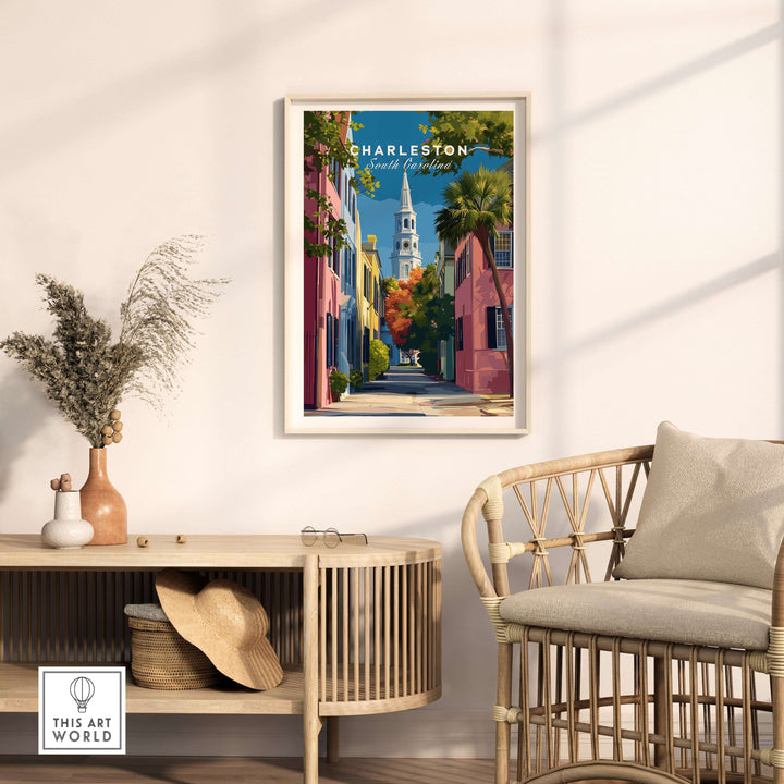 Charleston St. Philip's Steeple View Print | South Carolina Home Decor in a stylish living room setting.