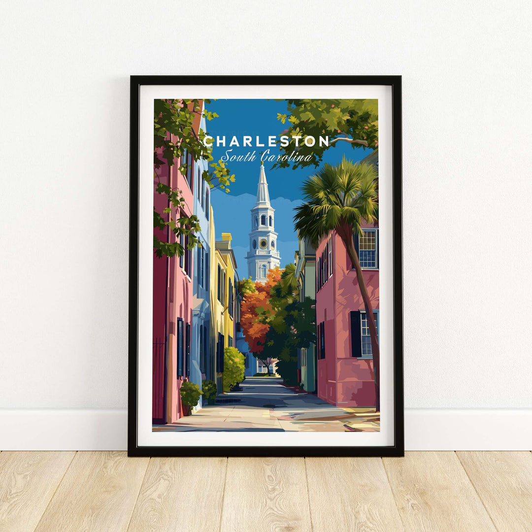 Charleston St. Philip's Steeple View Print | South Carolina Home Decor framed art showcasing historic architecture.