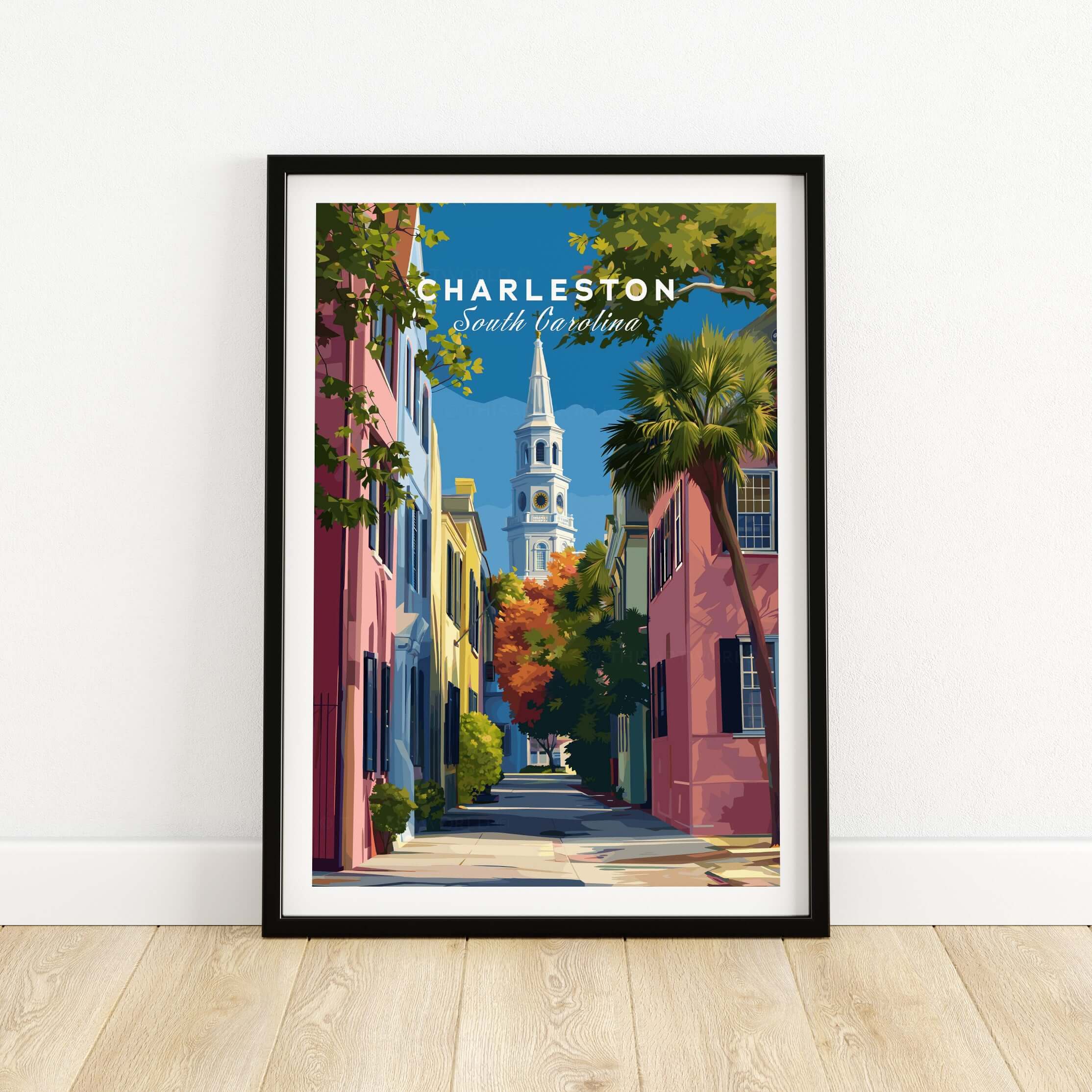 Charleston St. Philip's Steeple View Print | South Carolina Home Decor framed artwork showcasing iconic steeple.