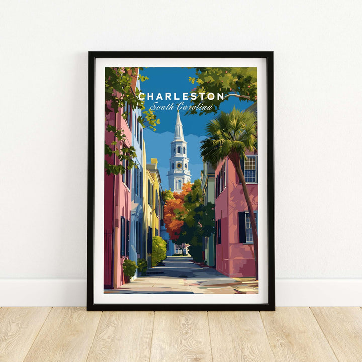 Charleston St. Philip's Steeple View Print | South Carolina Home Decor framed art showcasing historic architecture.