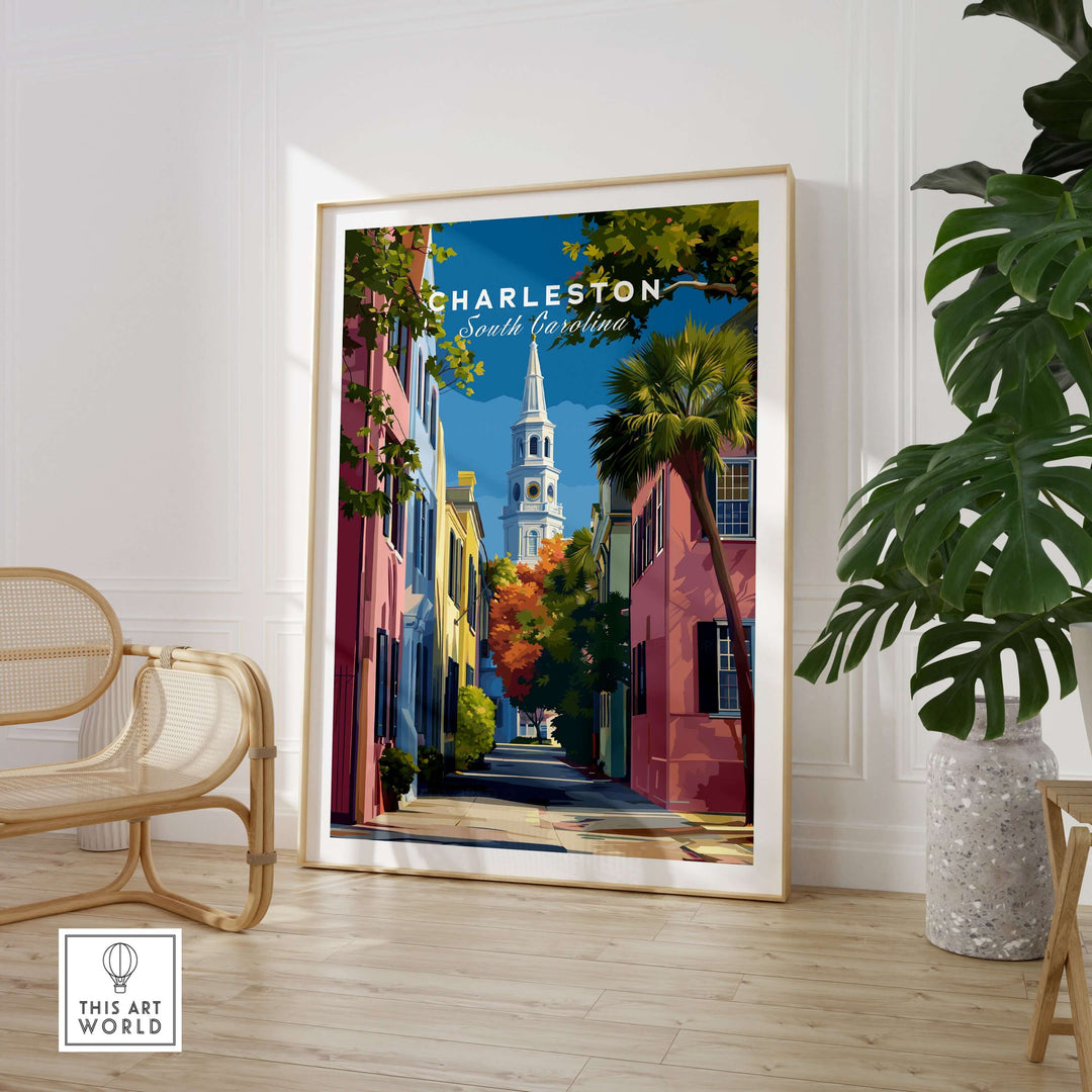Charleston St. Philip's Steeple View Print | South Carolina Home Decor in an elegant frame against a bright wall.