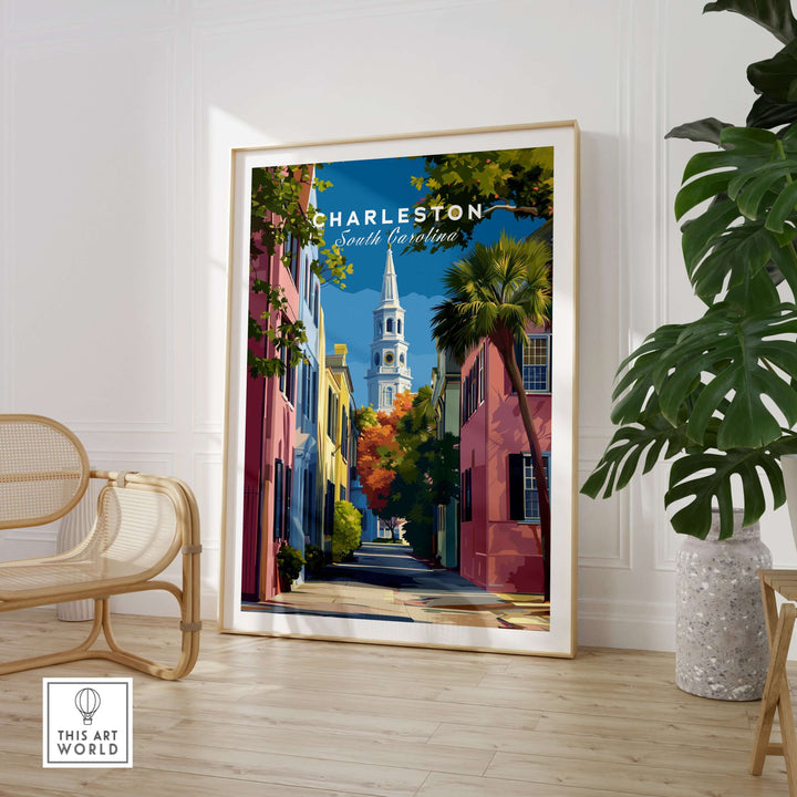 Charleston St. Philip's Steeple View Print | South Carolina Home Decor in an elegant frame against a bright wall.