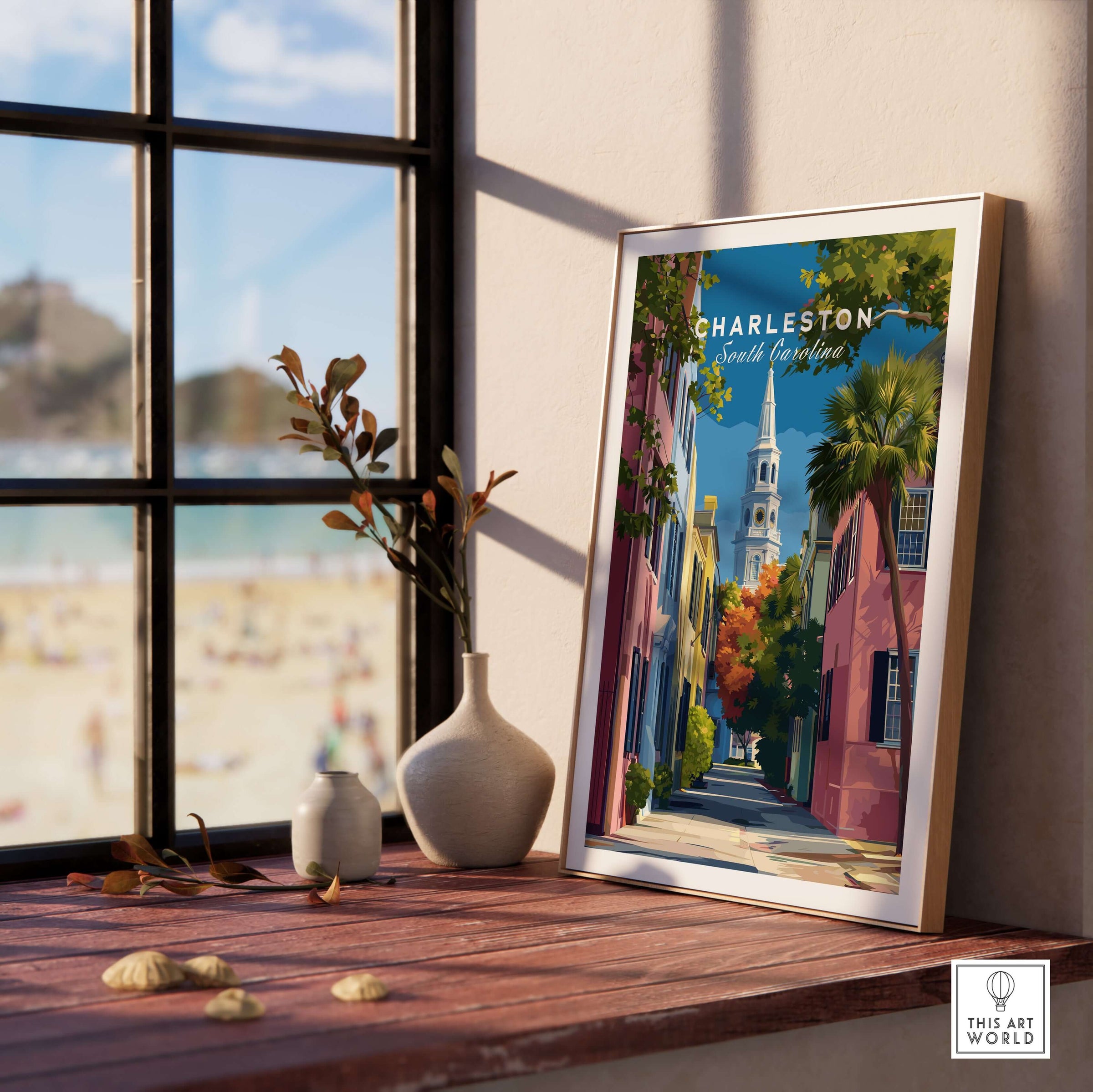Charleston St. Philip's Steeple View Print | South Carolina Home Decor displayed in a stylish interior with a beach view.