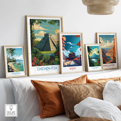 Mexico Chichén Itzá Mayan Pyramid Poster Jungle Ruins Travel Print El Castillo Art displayed among travel prints.