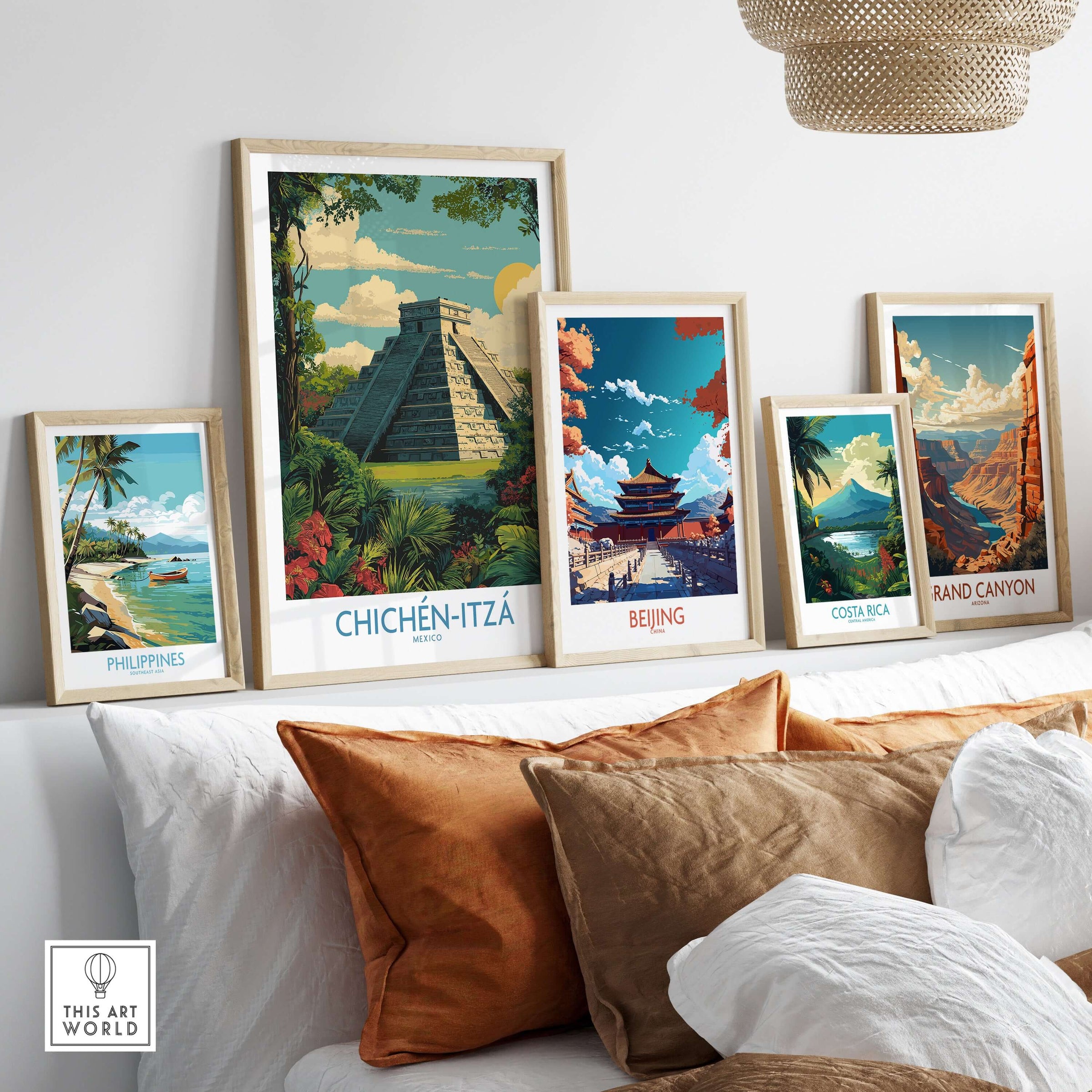 Mexico Chichén Itzá Mayan Pyramid Poster Jungle Ruins Travel Print El Castillo Art displayed among travel prints.