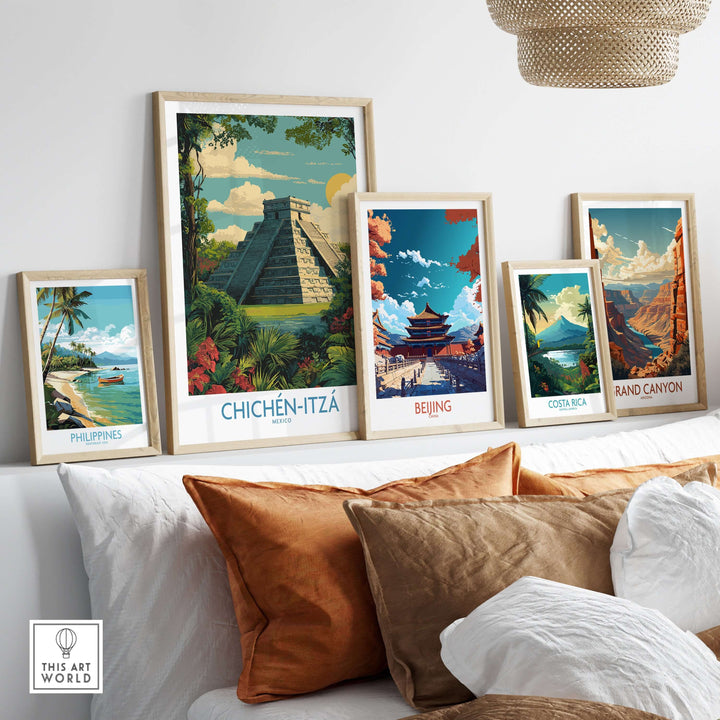 Stylish travel posters including Chichén-Itzá, Beijing, Costa Rica, and the Grand Canyon displayed in a cozy living room setting.