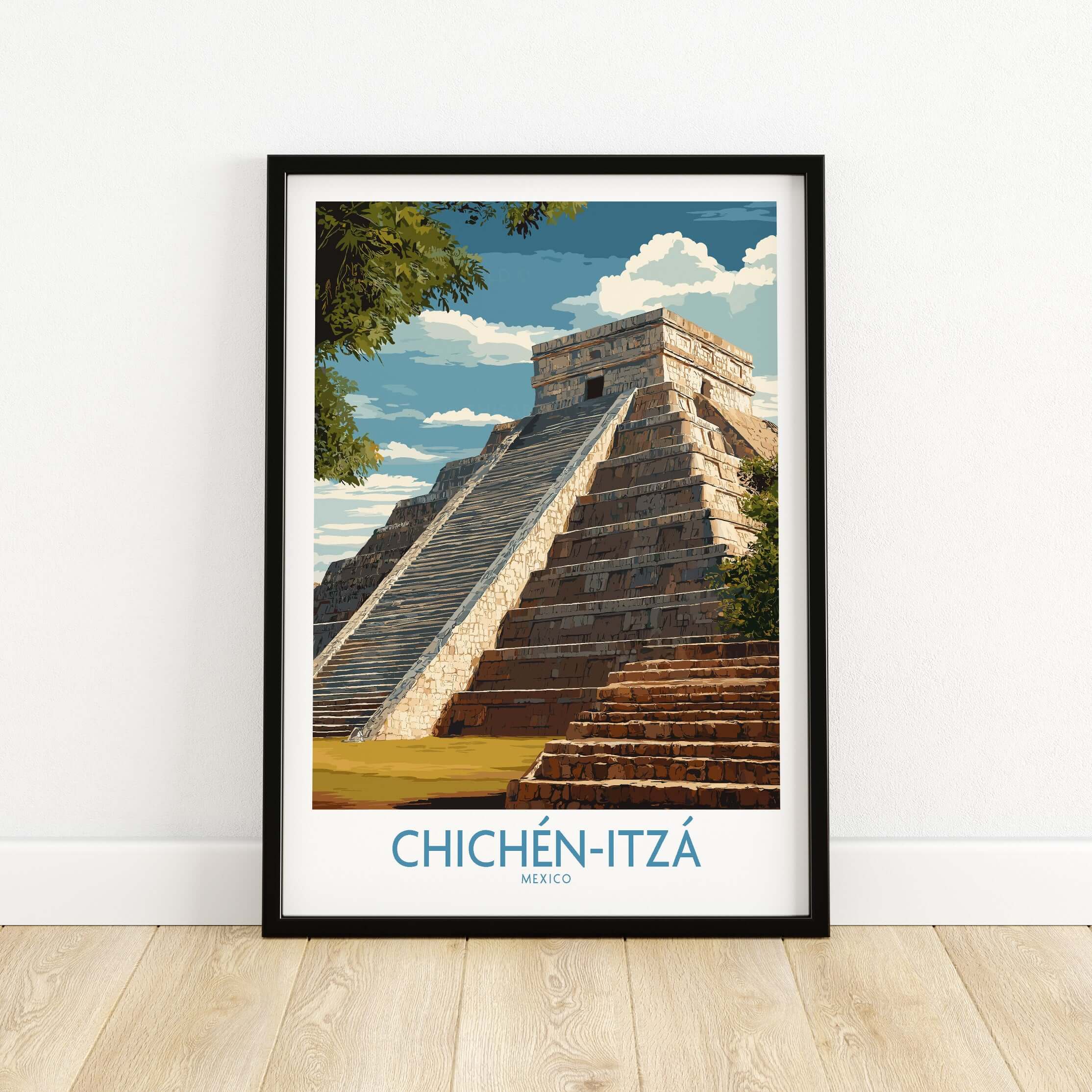 Mexico Chichén Itzá El Castillo Poster Mayan Temple Travel Print Ancient Ruins Wall Art showcasing Kukulcan Pyramid.