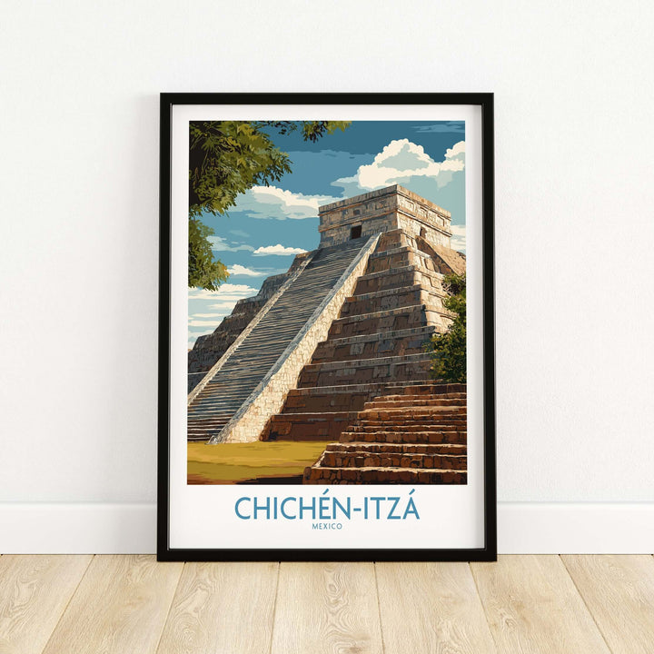 Chichén Itzá Kukulcan Pyramid poster showcasing Mayan temple architecture and vibrant sky.