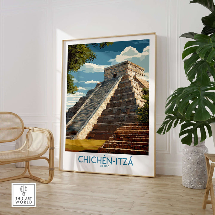 Chichén-Itzá poster featuring Kukulcan Pyramid, a stunning travel print of ancient Mayan temple wall art.