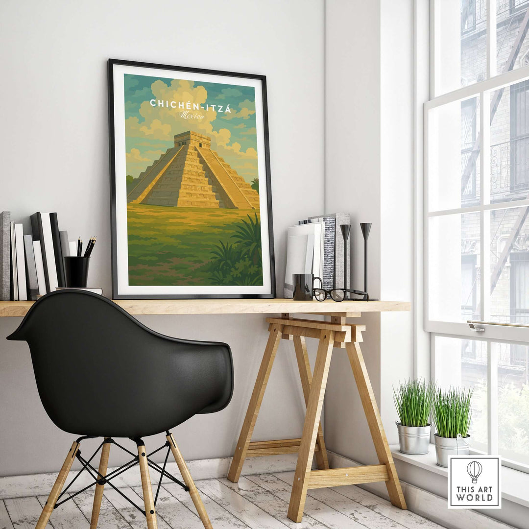 Chichén Itzá El Castillo pyramid travel print displayed in a modern workspace featuring natural light.