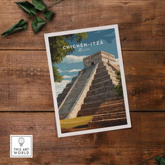 Chichén Itzá Mexico Travel Print El Castillo Pyramid Poster Mayan Ruins Wall Art on wooden background.