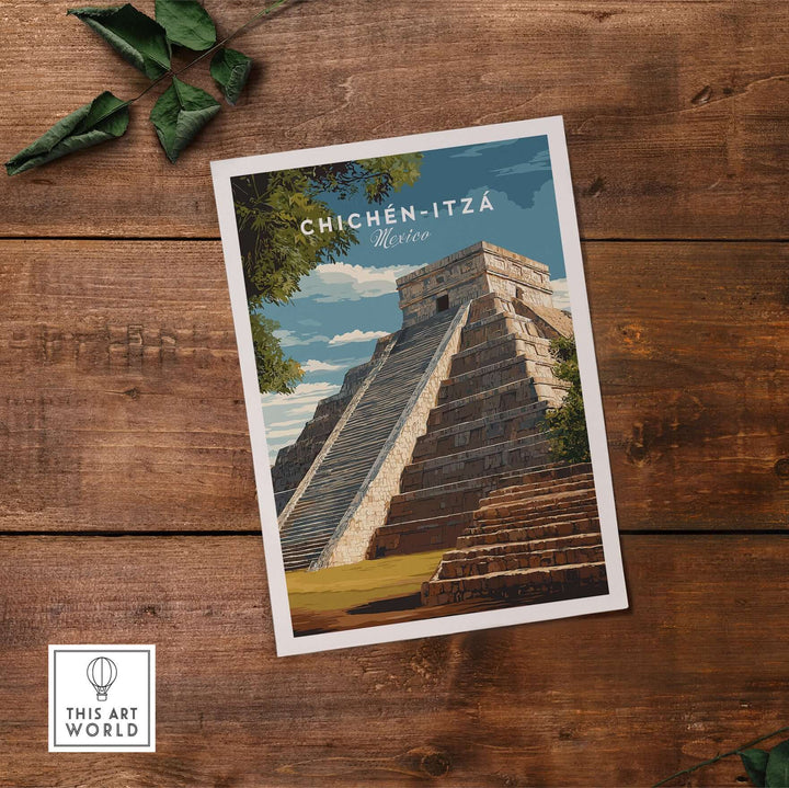 Chichén Itzá travel print featuring El Castillo pyramid in vibrant colors, showcasing Mayan ruins art on wooden background.