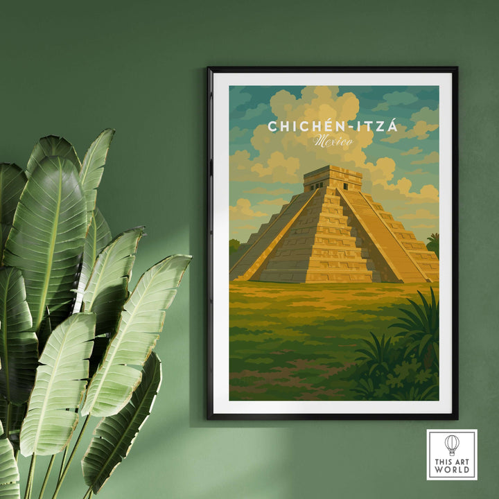 Chichén Itzá El Castillo pyramid travel print art, featuring vibrant landscape and warm tones.