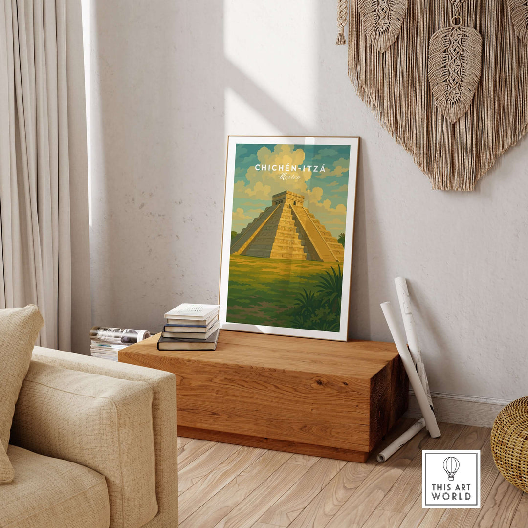 Chichén Itzá El Castillo pyramid travel print in modern living room decor, framed wall art showcasing Mayan heritage.
