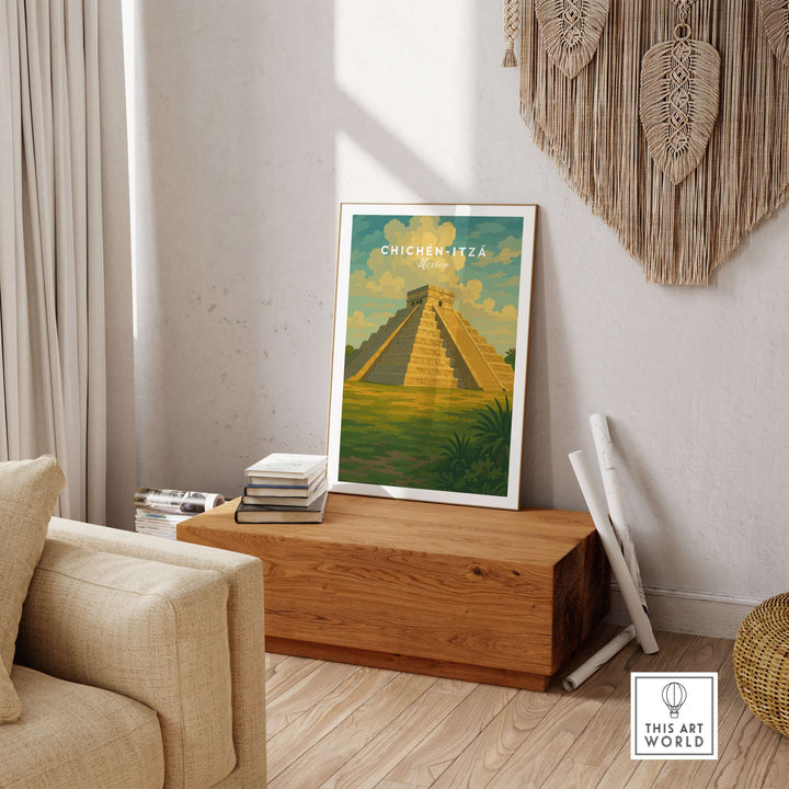 Chichén Itzá El Castillo pyramid travel print in modern living room decor, framed wall art showcasing Mayan heritage.