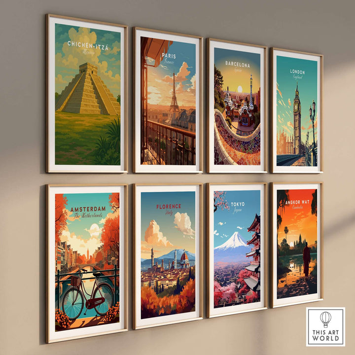 Gallery of travel posters featuring Chichén Itzá, Paris, Barcelona, London, Amsterdam, Florence, Tokyo, and Angkor Wat.