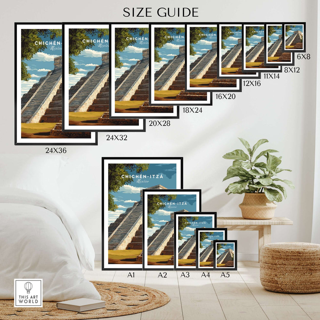 Size guide for Chichén Itzá El Castillo pyramid travel print posters in various dimensions and frames.