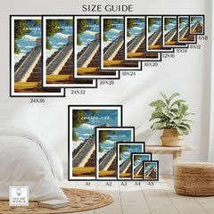 Chichén Itzá Mexico Travel Print El Castillo Pyramid Poster Mayan Ruins Wall Art size guide on a display wall.