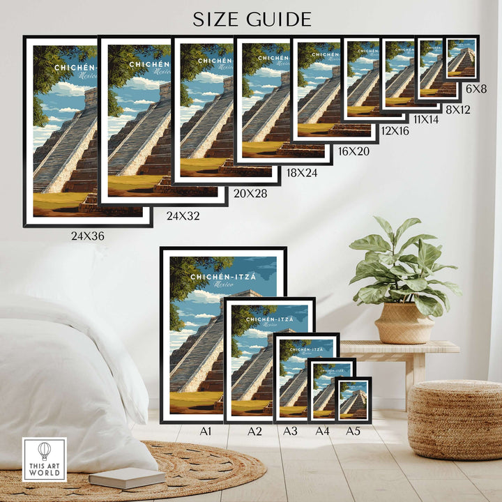 Size guide for Chichén Itzá El Castillo pyramid travel print posters in various dimensions and frames.