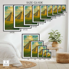 Chichén Itzá Mexico El Castillo Pyramid Travel Print Mayan Landscape Poster Wall Art size guide with framed options.