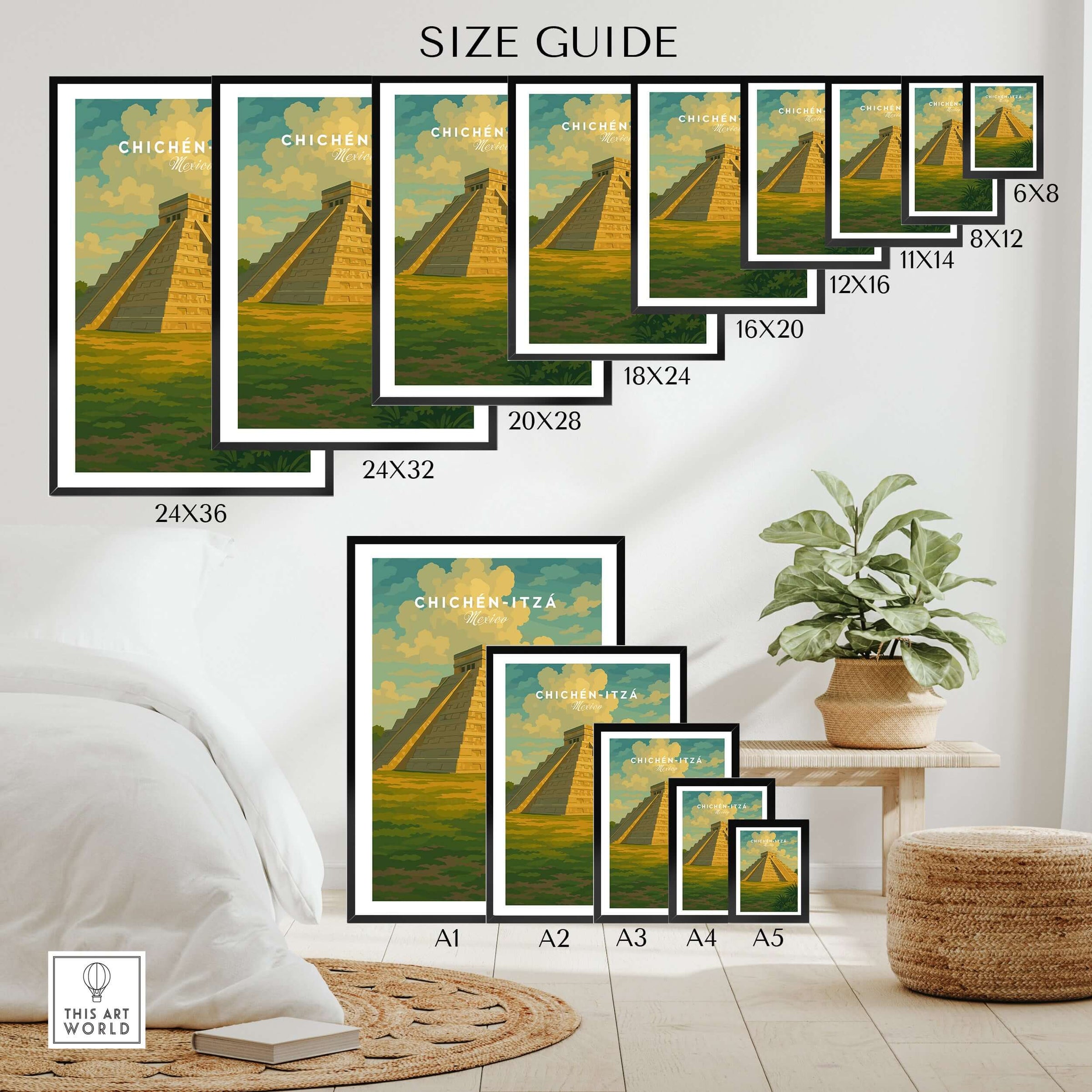 Chichén Itzá Mexico El Castillo Pyramid Travel Print Mayan Landscape Poster Wall Art size guide with framed options.