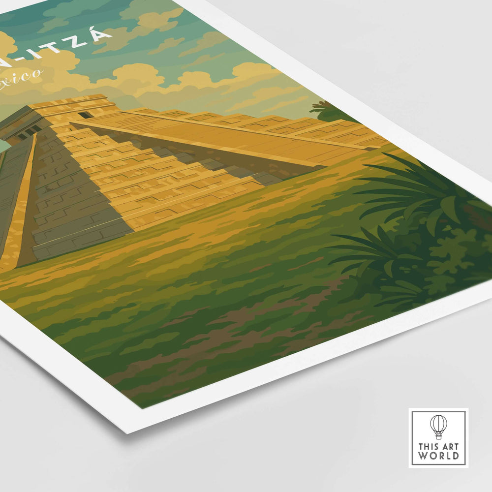 Chichén Itzá El Castillo Pyramid print showcasing Mayan architecture in vibrant colors under a blue sky.