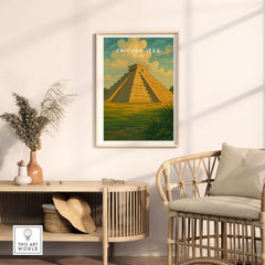 Chichén Itzá Mexico El Castillo Pyramid Travel Print Mayan Landscape Poster Wall Art in a stylish living room setting.