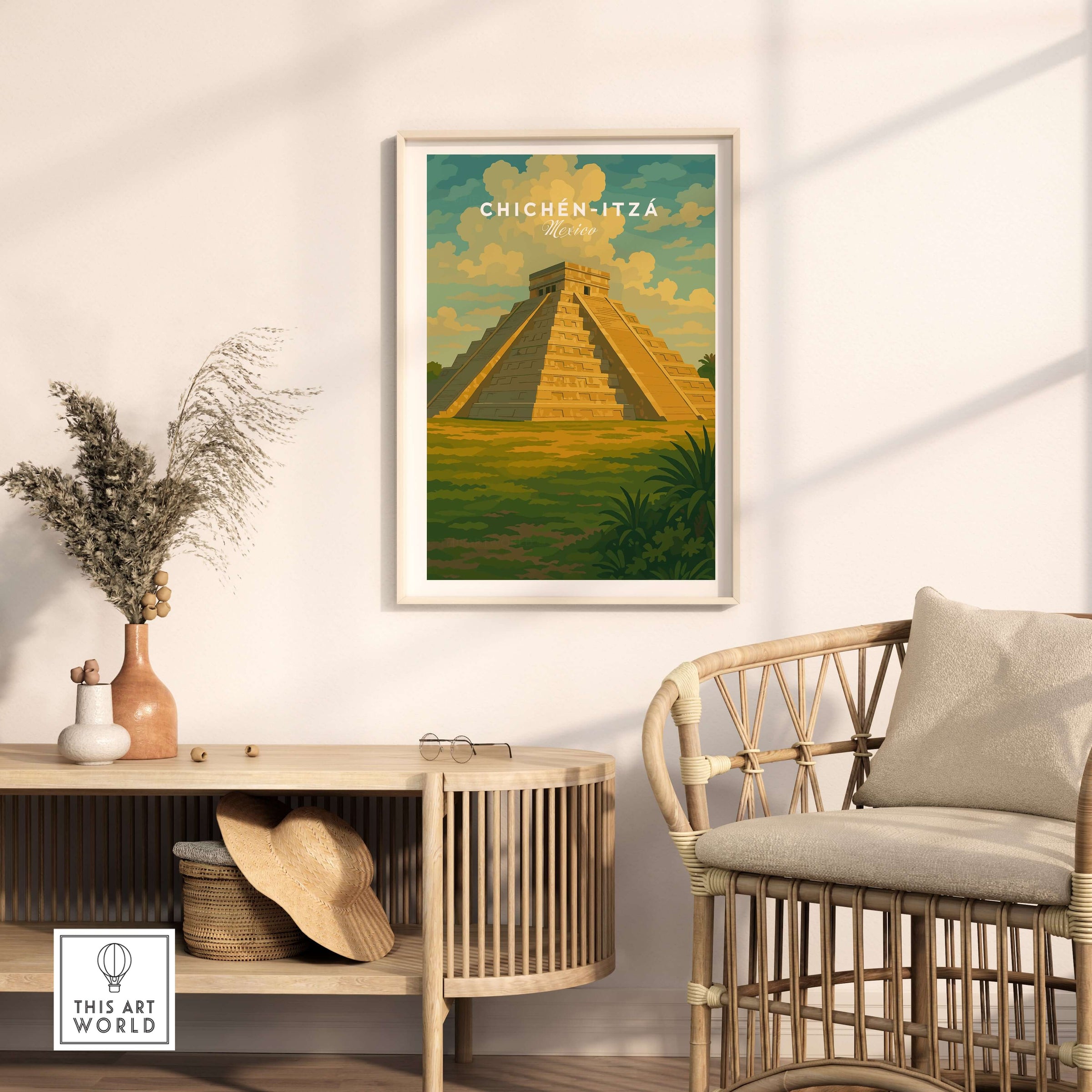 Chichén Itzá Mexico El Castillo Pyramid Travel Print Mayan Landscape Poster Wall Art in a stylish living room setting.