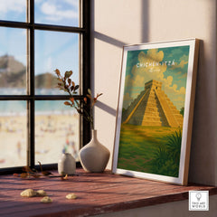 Chichén Itzá Mexico El Castillo Pyramid Travel Print Mayan Landscape Poster Wall Art displayed indoors near a sunny window.