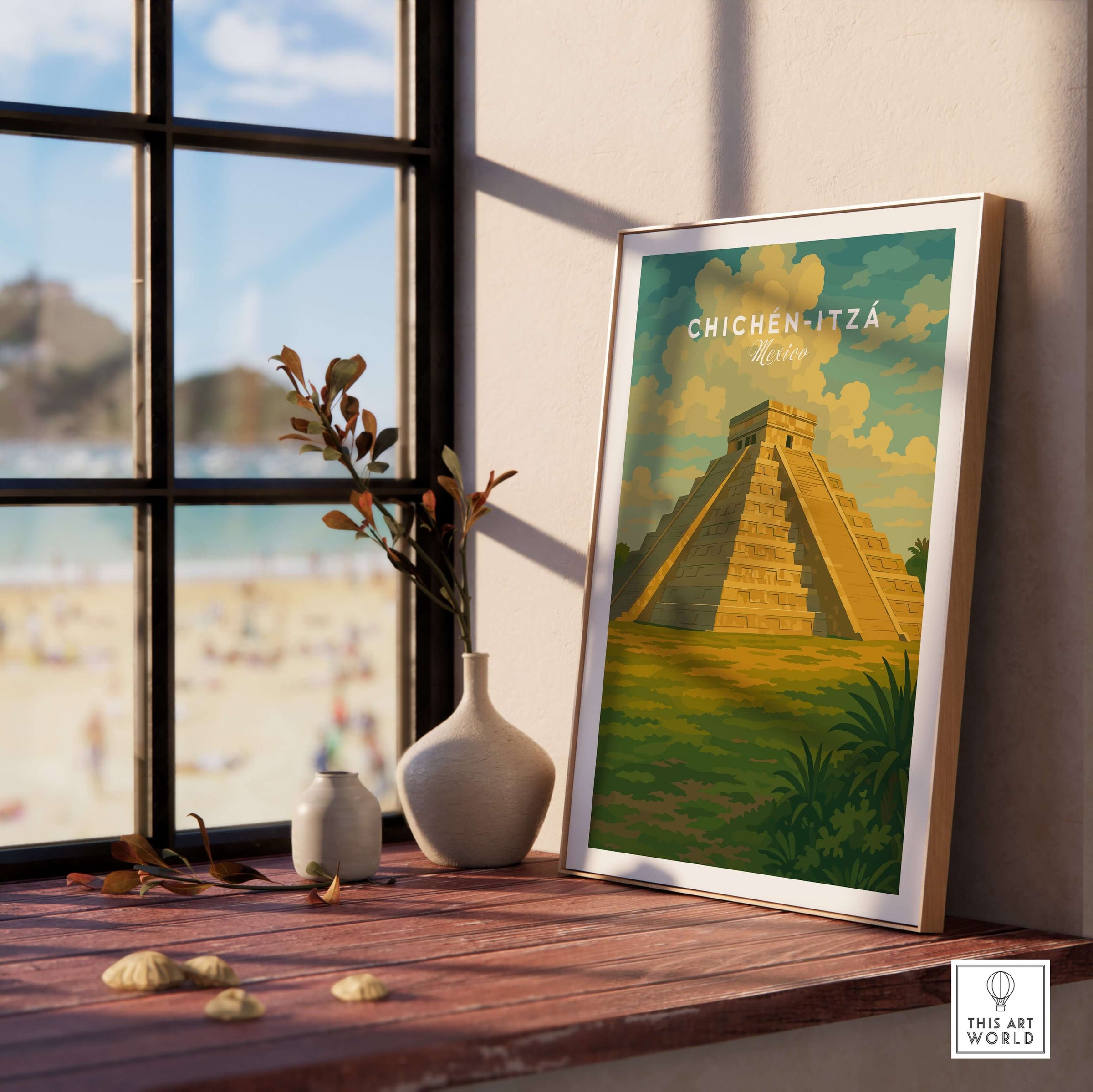 Chichén Itzá Mexico El Castillo Pyramid Travel Print Mayan Landscape Poster Wall Art displayed indoors near a sunny window.