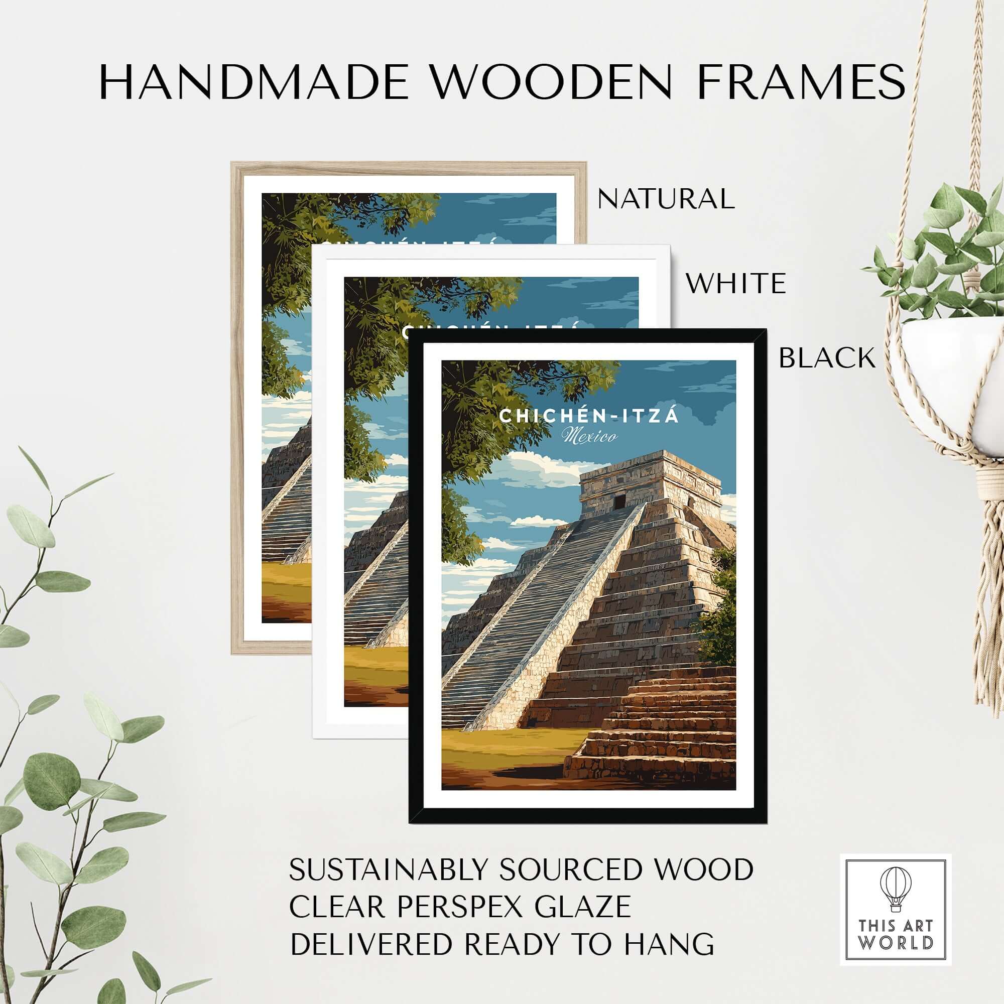 Chichén Itzá Mexico Travel Print El Castillo Pyramid Poster Mayan Ruins Wall Art framed in natural, white, and black handmade wooden frames.