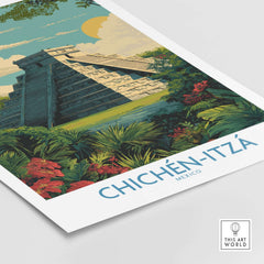 Mexico Chichén Itzá Mayan Pyramid Poster Jungle Ruins Travel Print El Castillo Art featuring El Castillo amidst lush greenery.
