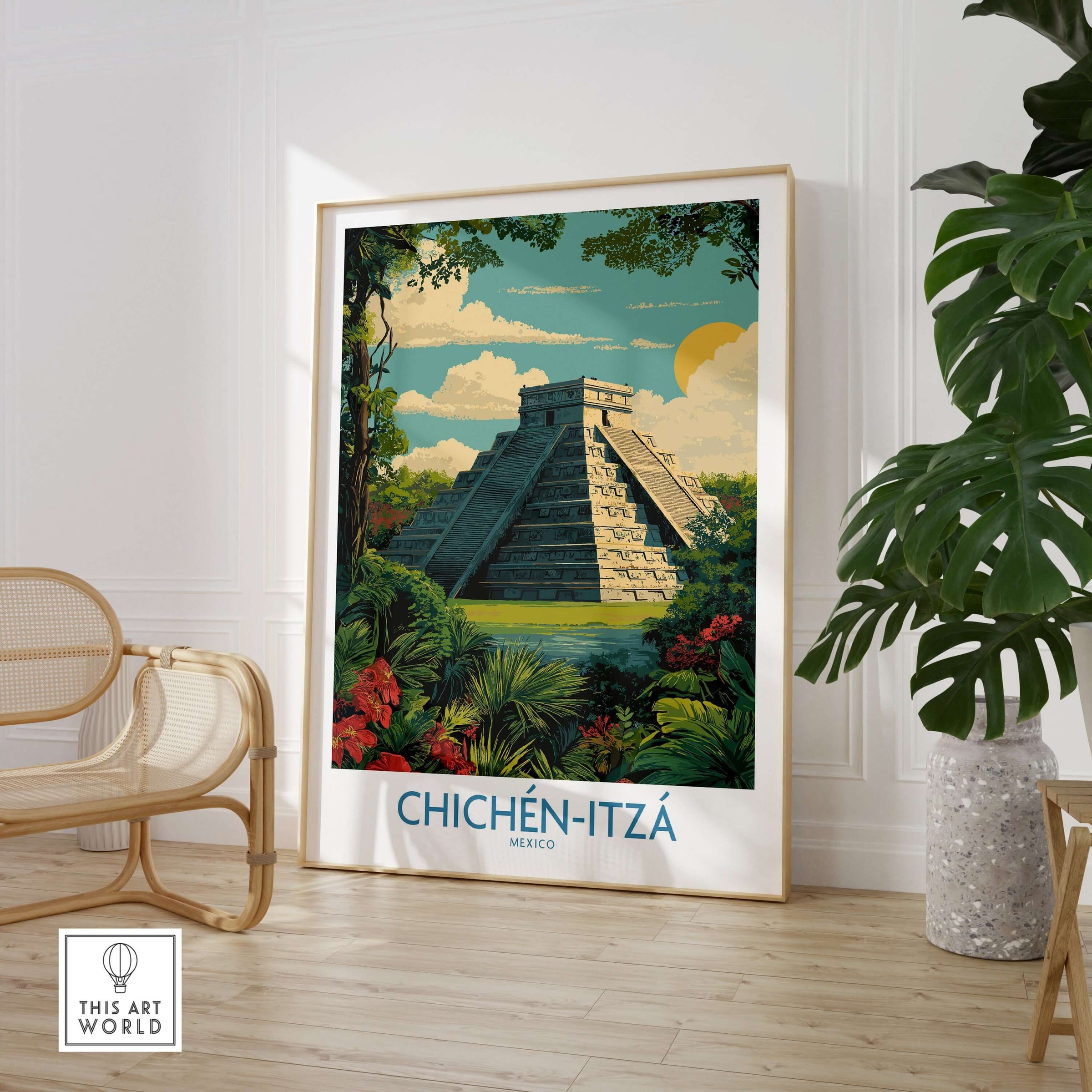 Mexico Chichén Itzá Mayan Pyramid Poster Jungle Ruins Travel Print El Castillo Art displayed in modern interior decor.