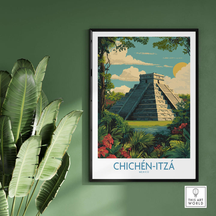 Chichén Itzá Mayan pyramid poster featuring El Castillo among lush jungle greenery, vibrant flora, and blue skies.